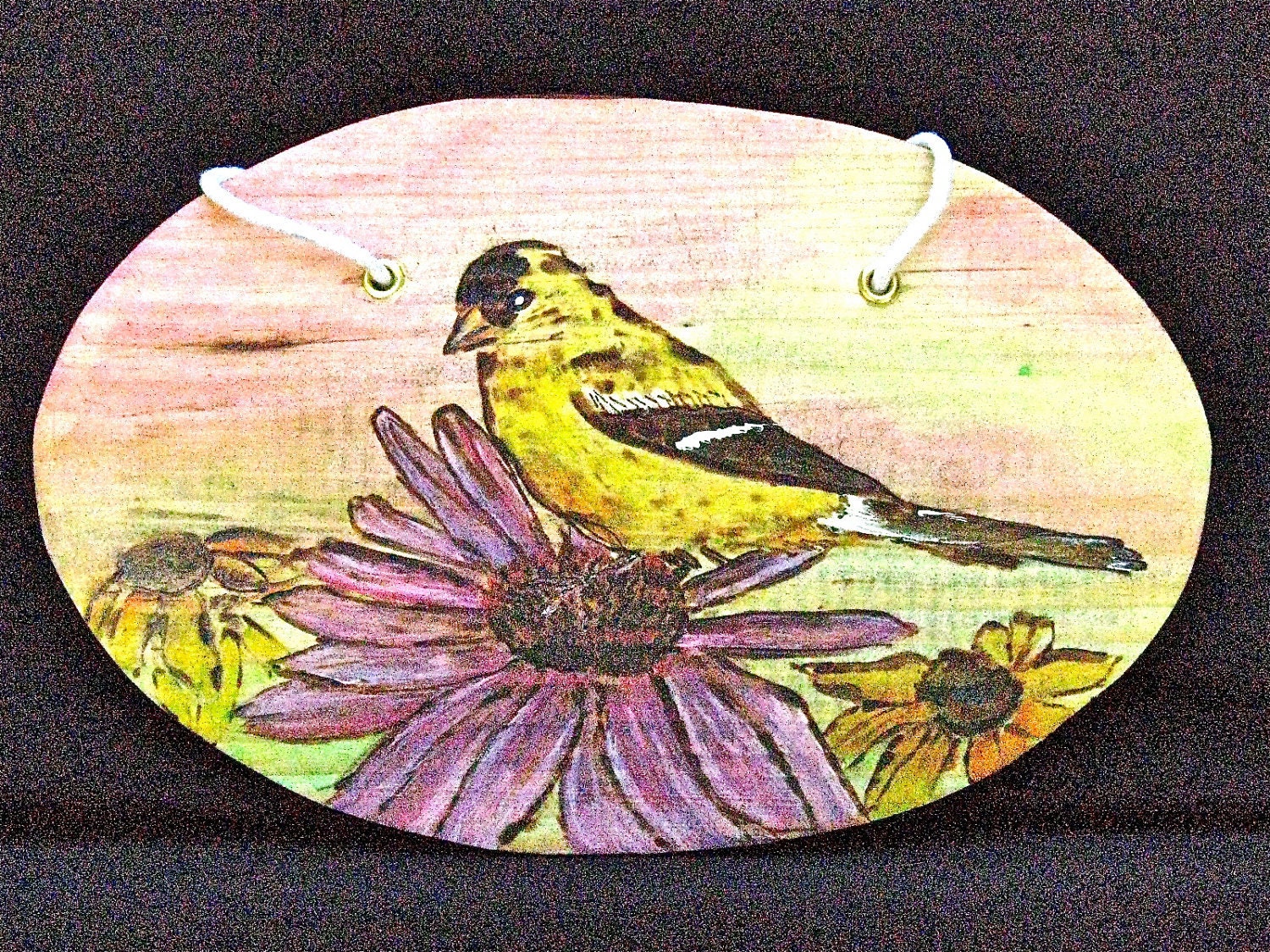 Goldfinch on a Purple Coneflower Rustic Wood-burning