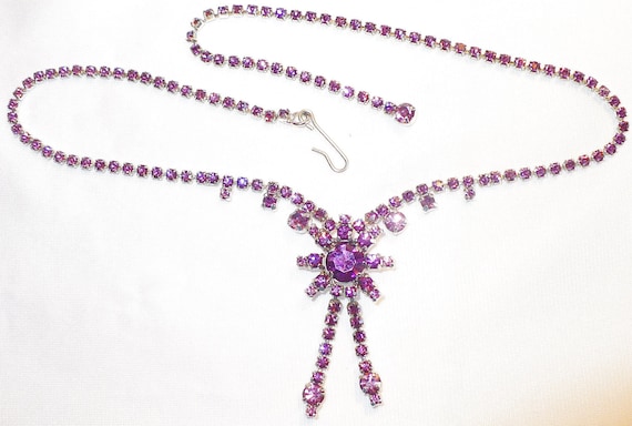 RESERVED Vintage Purple Rhinestone Necklace/Choker - Center Flower Drop