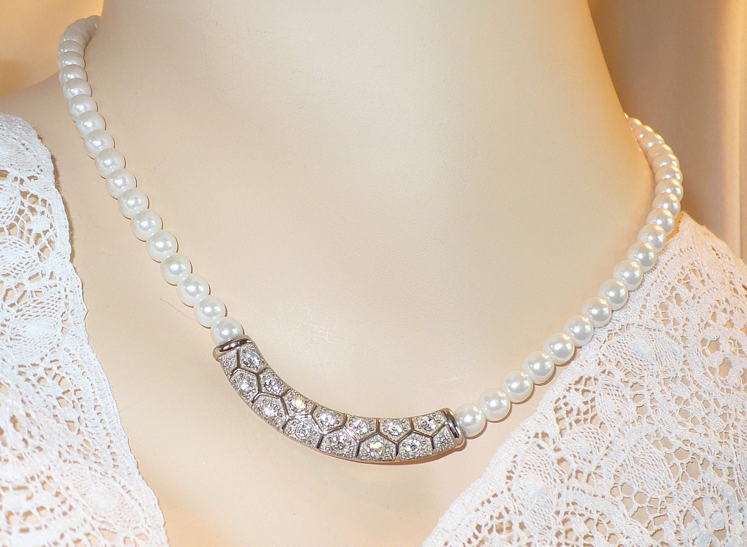White Pearl & Rhinestone Bridal Necklace/Choker