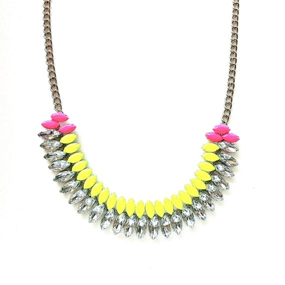Neon Yellow and Neon Pink Hand-painted Crystal Necklace