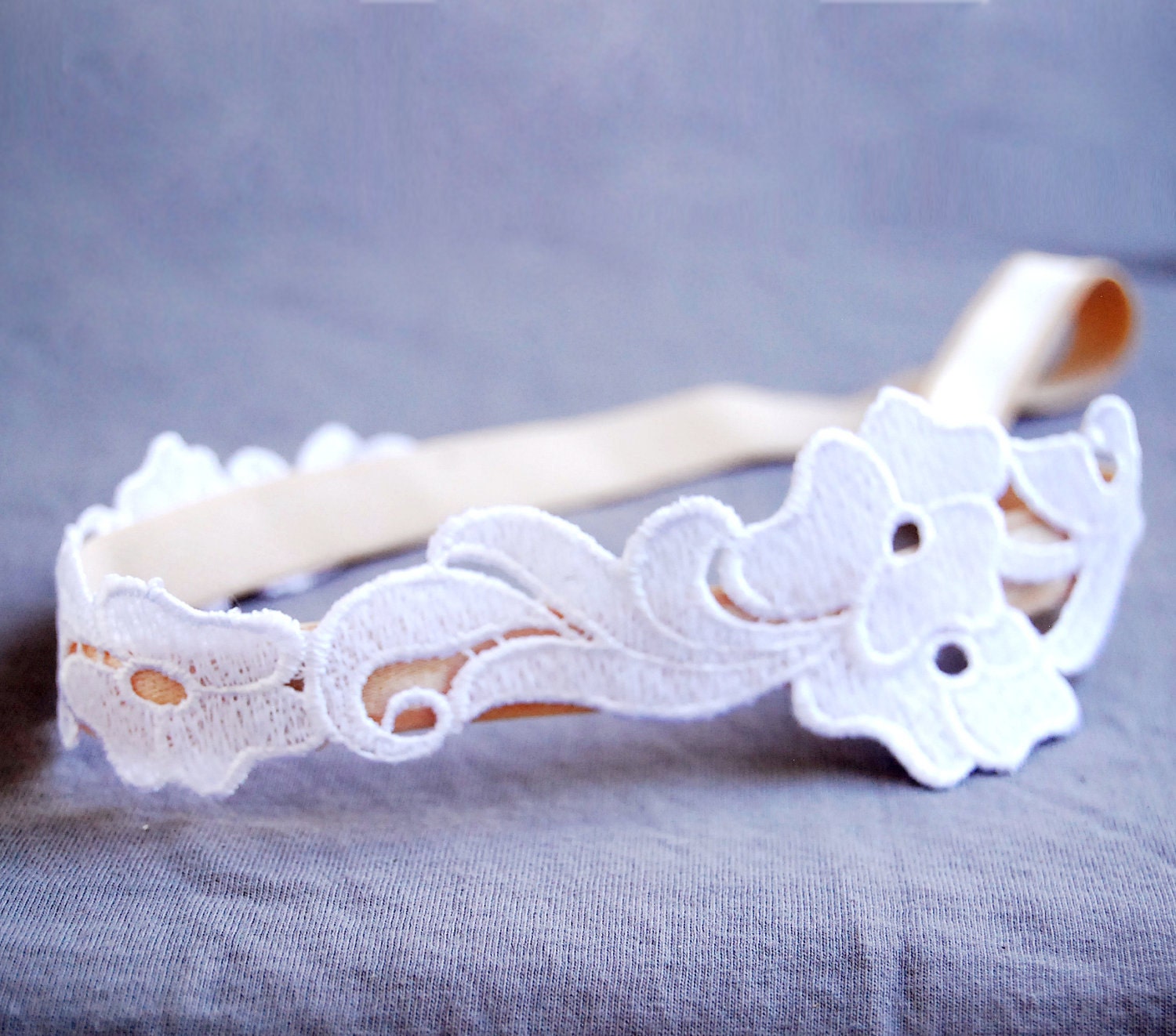 Lace flower headband - romantic white and peach silky elastic headband, floral bridal head piece.