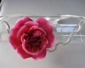 Fuchsia Pink Silk Flower Halo Headband with Crystal Beaded Band and Ivory Satin Ribbon Tie, for weddings, bridesmaid, parties