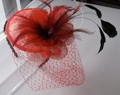 Red Organza Flower Feather Sinamay Fascinator Hat with Veil and Black Beaded Headband, for weddings, parties, cocktail, special occasions