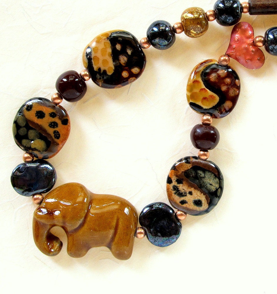 African Kazuri Elephant Beaded Necklace, Animals, Golden Brown, Black, Copper, Heart, 14K Gold Filled, Unique, One-Of-A-Kind, Fair Trade
