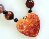 Red Agate Chunky Beaded Necklace, Handcrafted Copper Heart Pendant, Unique, Semi-Precious Gemstones, One-Of-A-Kind