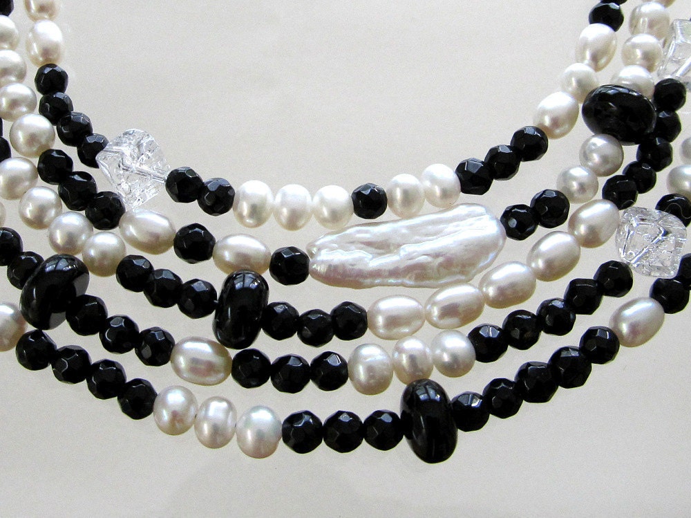 Black White Freshwater Pearl Necklace, Multi Strand, Biwa Pearls, Black Onyx, Sterling Silver, Semi Precious Gemstones, Designer
