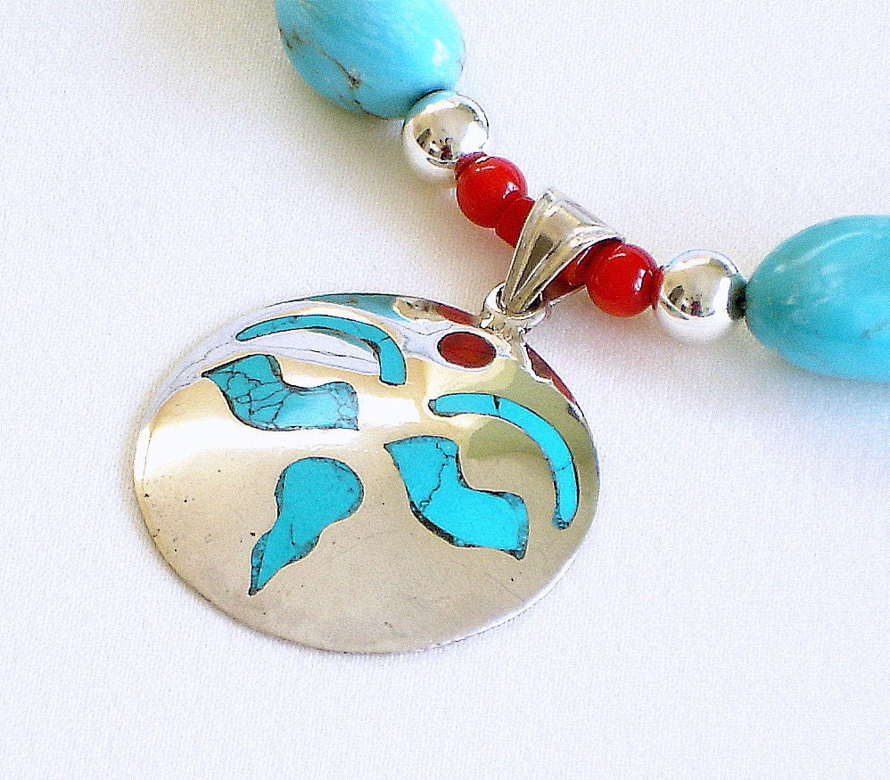 Sleeping Beauty Turquoise Beaded Nugget Necklace, Inlay Pendant, Sterling Silver, Red Coral, Semi Precious Gemstone, Quality