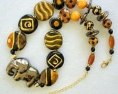 African Kazuri Elephant Beaded Necklace, Black, Gold, Animals, 14K Gold Filled, Fair Trade, Unique, Unusual, One-Of-A-Kind