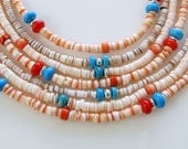 Southwestern Multi Strand Heishi Shell Beaded Necklace, Turquoise, Coral, Sterling Silver, Semi Precious, Orange, Red, Pink, Peach