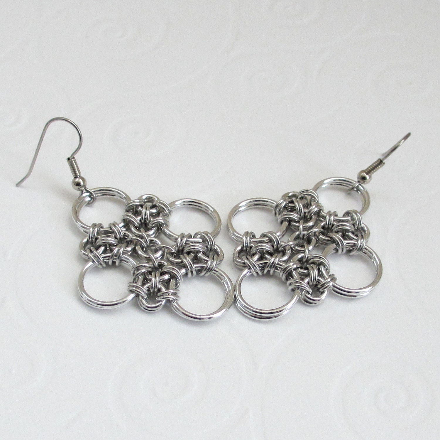 Japanese Cross chainmail earrings in silver aluminum
