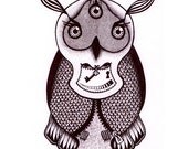 Steampunk owl. Original ink drawing on high quality paper