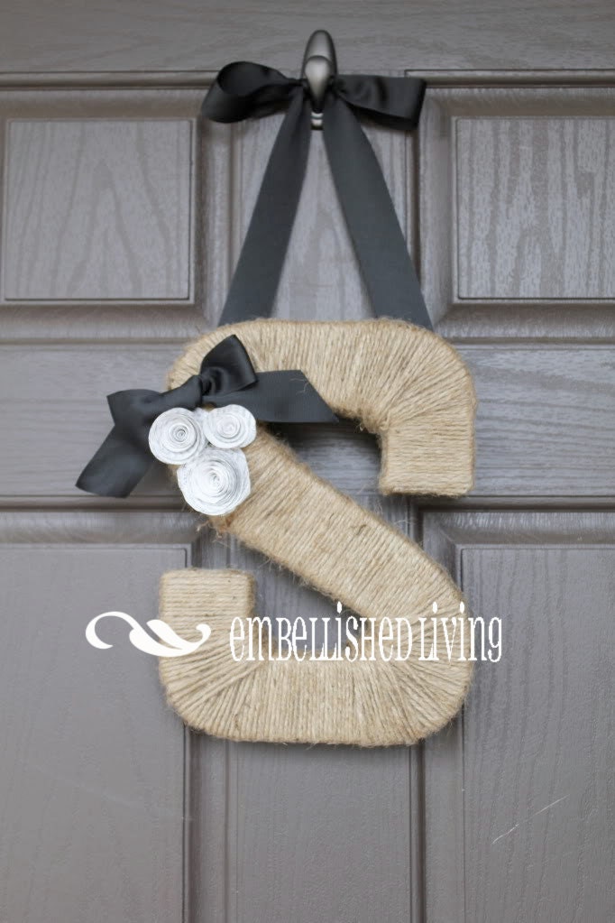 The Original Monogram Wreath. Jute Letter Wreath. Book Page Rosettes. Felt Rosettes. Twine Letter. Door Hanger. Jute Wreath. Letter Wreath.