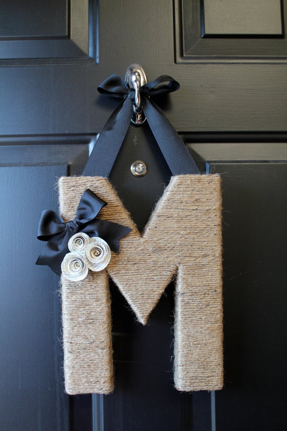 The Original Monogram Wreath seen on Pinterest.  Shabby Chic. Custom felt or book page roses.