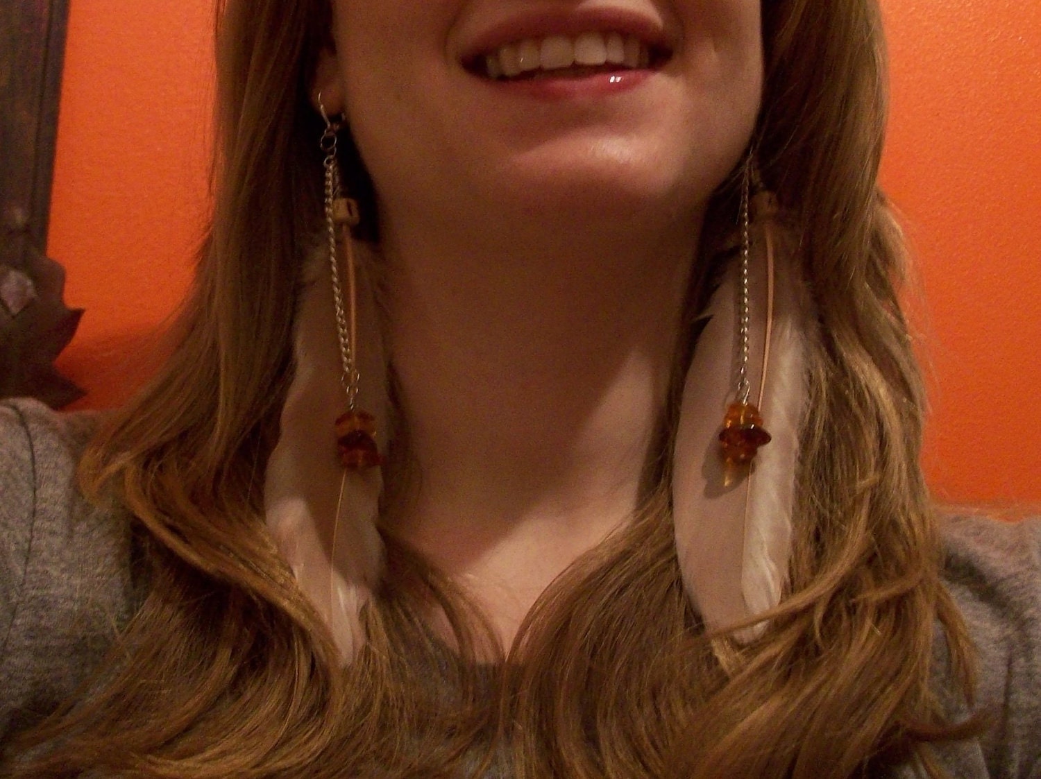 ON SALE: Light pink feather earrings with silver chains and amber chips