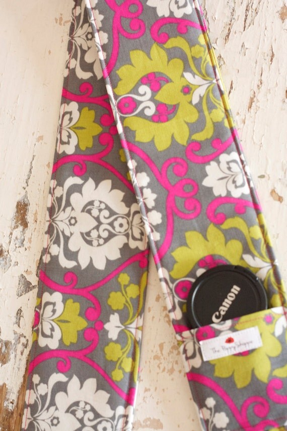 DSLR Camera Strap Cover- lens cap pocket and padding included- Gray, Pink and Green