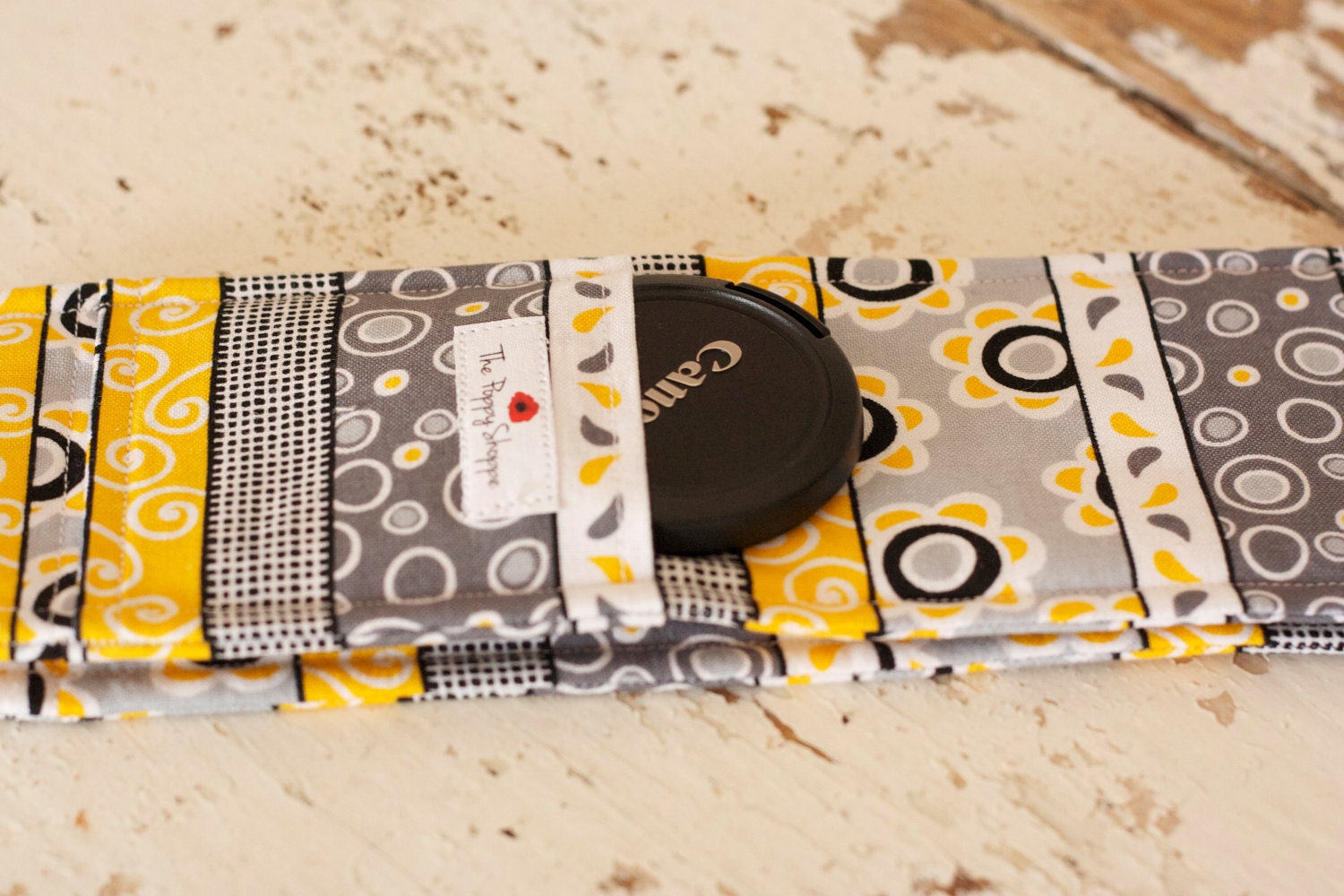 DSLR Camera Strap Cover- lens cap pocket and padding included- Modern Gray & Yellow Striped