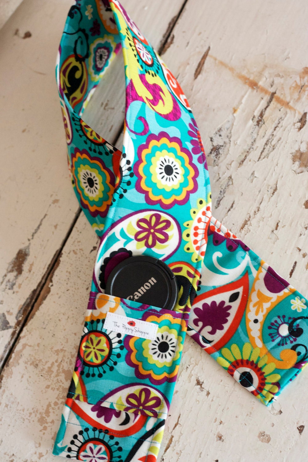 DSLR Camera Strap Cover- lens cap pocket and padding included- Turquoise/ Blue Bright Pattern
