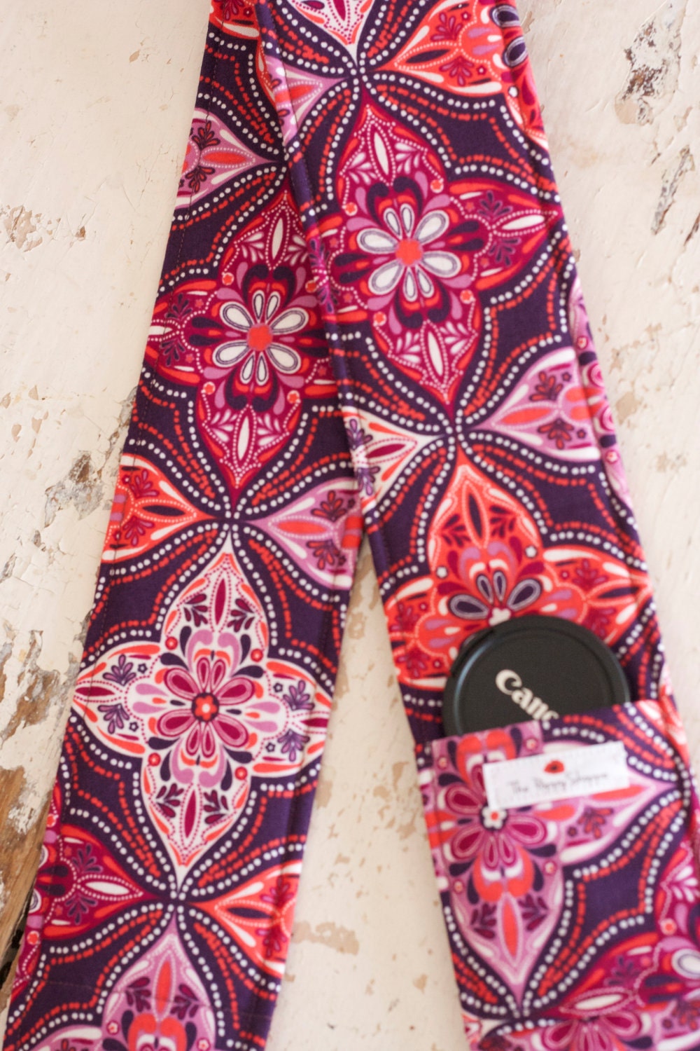 Camera Strap Cover- lens cap pocket and padding included- Bohemian Purple and Coral
