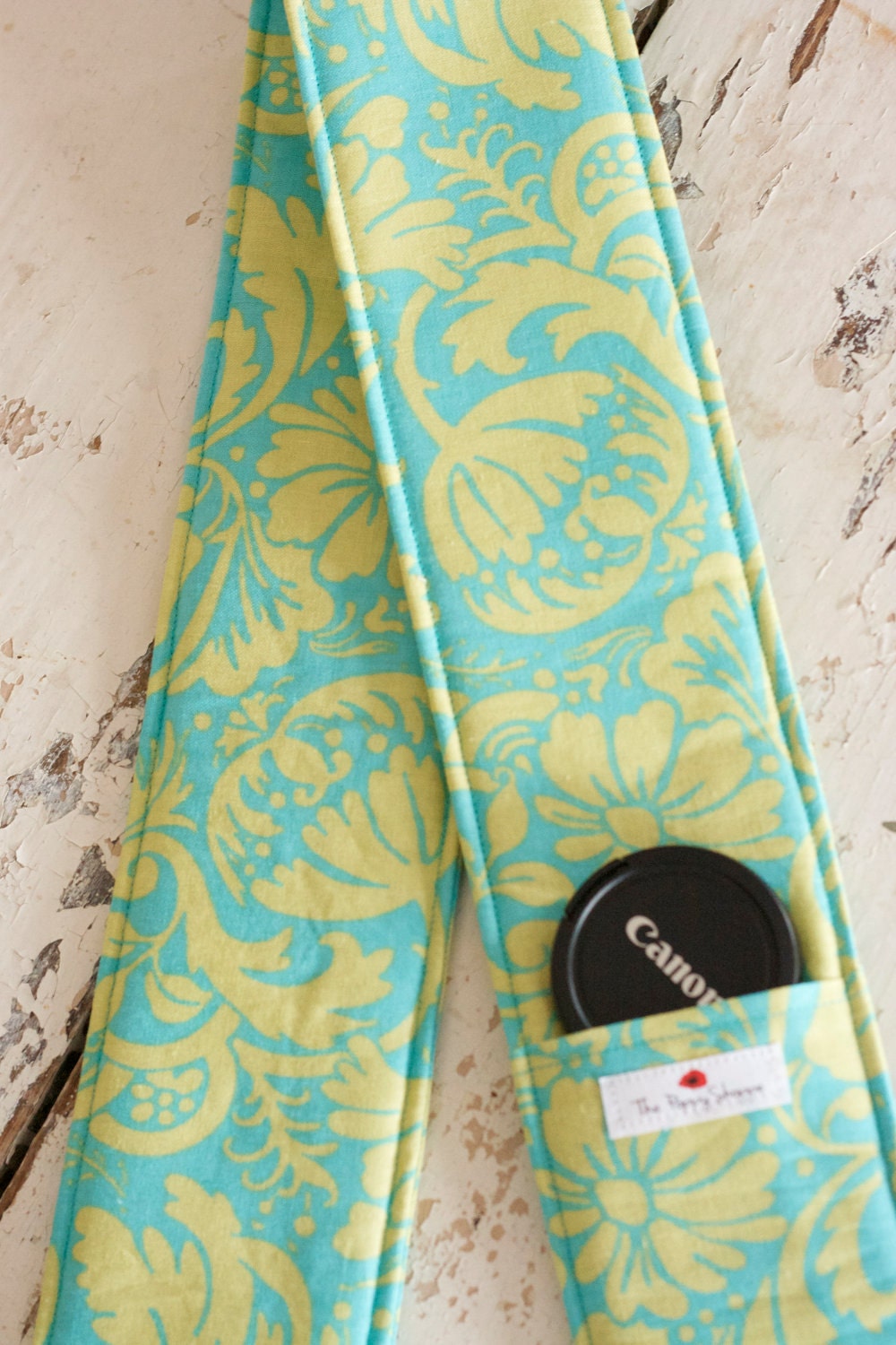 Camera Strap Cover- lens cap pocket and padding included- Teal Lace