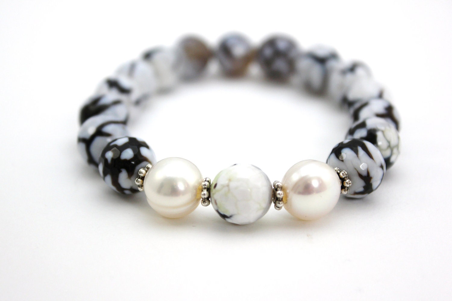 agate bracelet beaded bracelet black and white bracelet pearl silver stretch bracelet