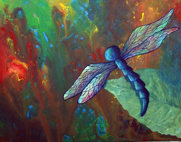 Wings Of Hope - original acrylic painting on 16" x 20" canvas - colorful poured acrylic background - dragonfly with iridescent wings