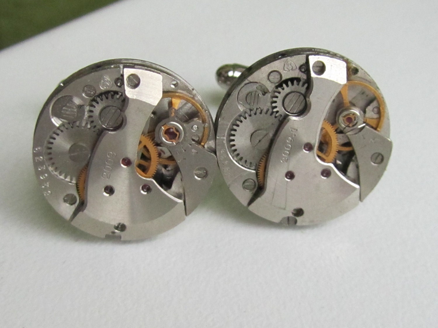 Steampunk Cufflinks - with small round vintage watch movements.  Vintage upcycled mens Cuff Links