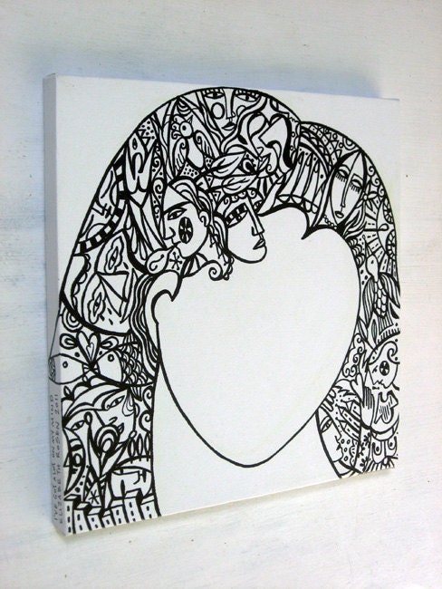 psychedelic ORIGINAL painting black and white abstract hair by Elizabeth Rosen