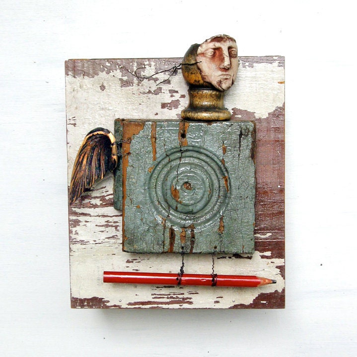 BIRD BOY  an abstract mixed media assemblage primitive and unusual  by Elizabeth Rosen