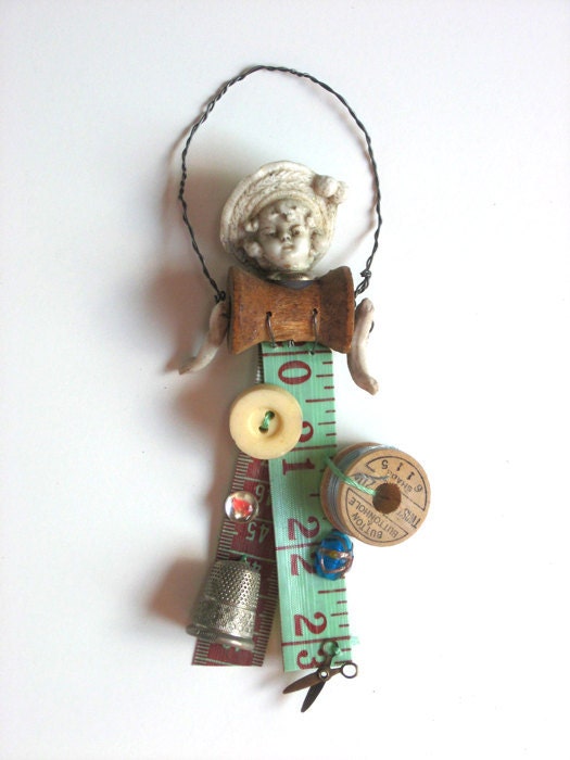 bisque doll ornament ORIGINAL vintage sewing child hat by Elizabeth Rosen