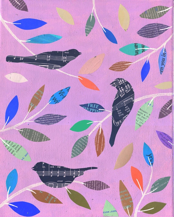 Birds in trees, birdsong, word art, PRINT 8x10, Folk Art, Reveille   by Elizabeth Rosen
