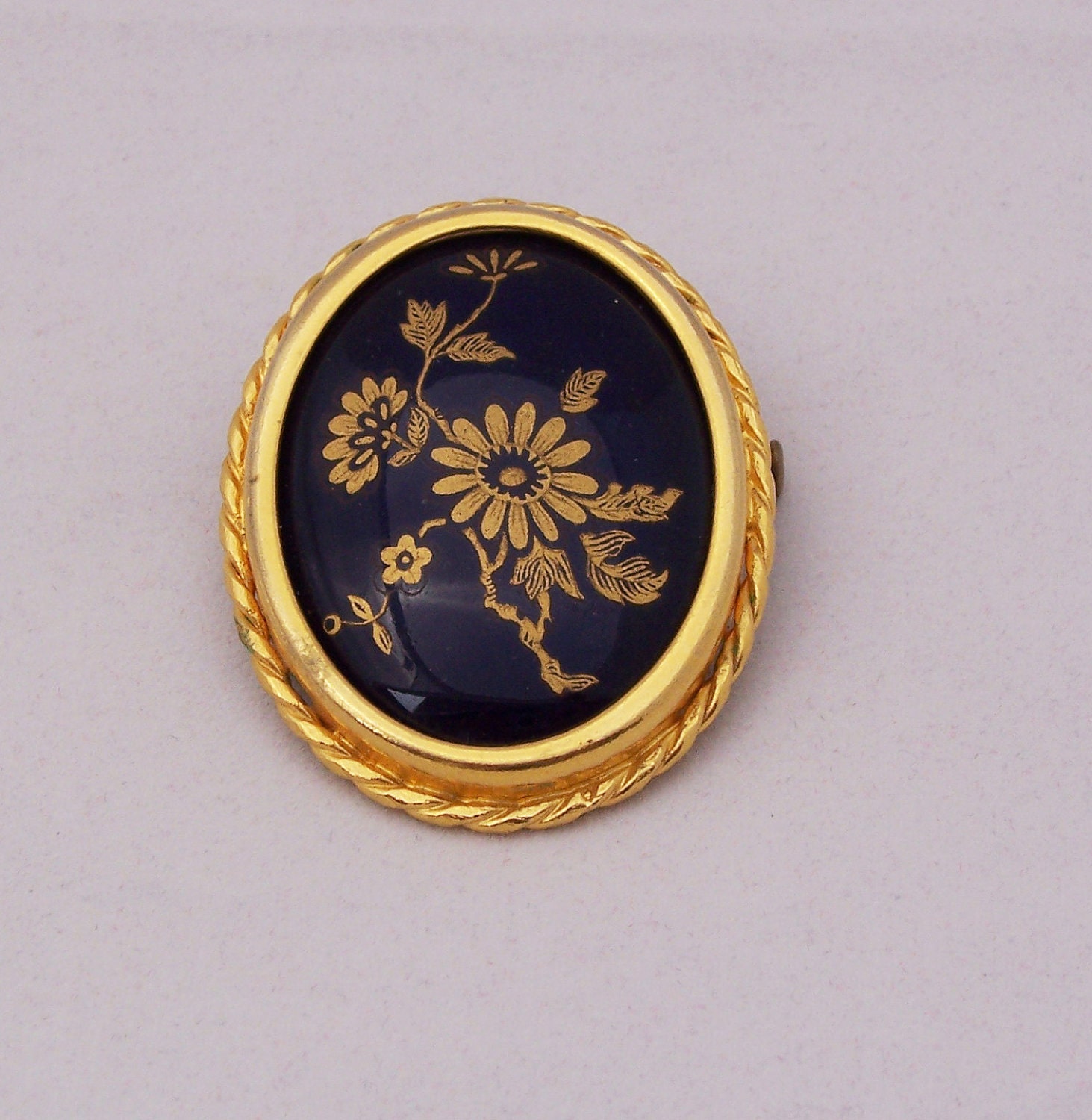 Vintage Limoges Porcelain Brooch, Cobalt Porcelain Brooch