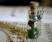 Oh Little Red Bloom glass bottle necklace : tiny red flower and white chrysanthemum scene OOAK