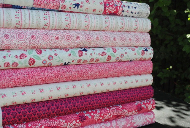 Little Yellow Bicycle for Blend Fabrics, Vintage Summer, Fat Quarter Bundle, 9 Prints, Red