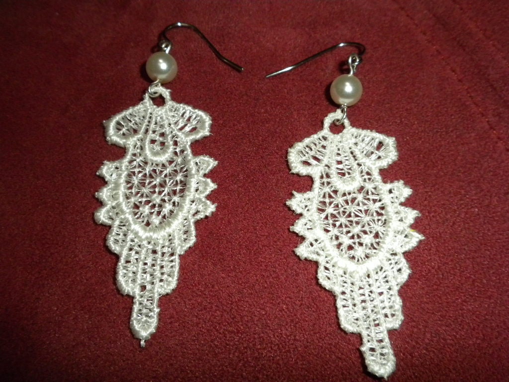 Crochet Lace and Glass Pearl Earrings