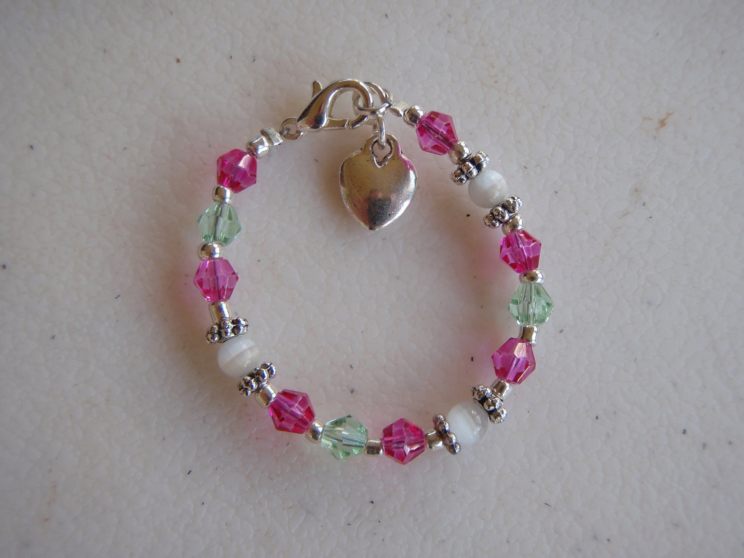Beautiful Custom Baby Girls Bracelet Swarovski Crystal, Cat Eye Beads, Tibetan spacers, Heart Charm