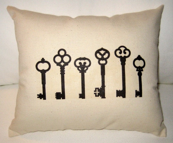 French Country Skeleton Key Pillow, Paris Inspired Shabby Chic Cushion with Vintage Keys, Antique Key, Neutral Home Decor