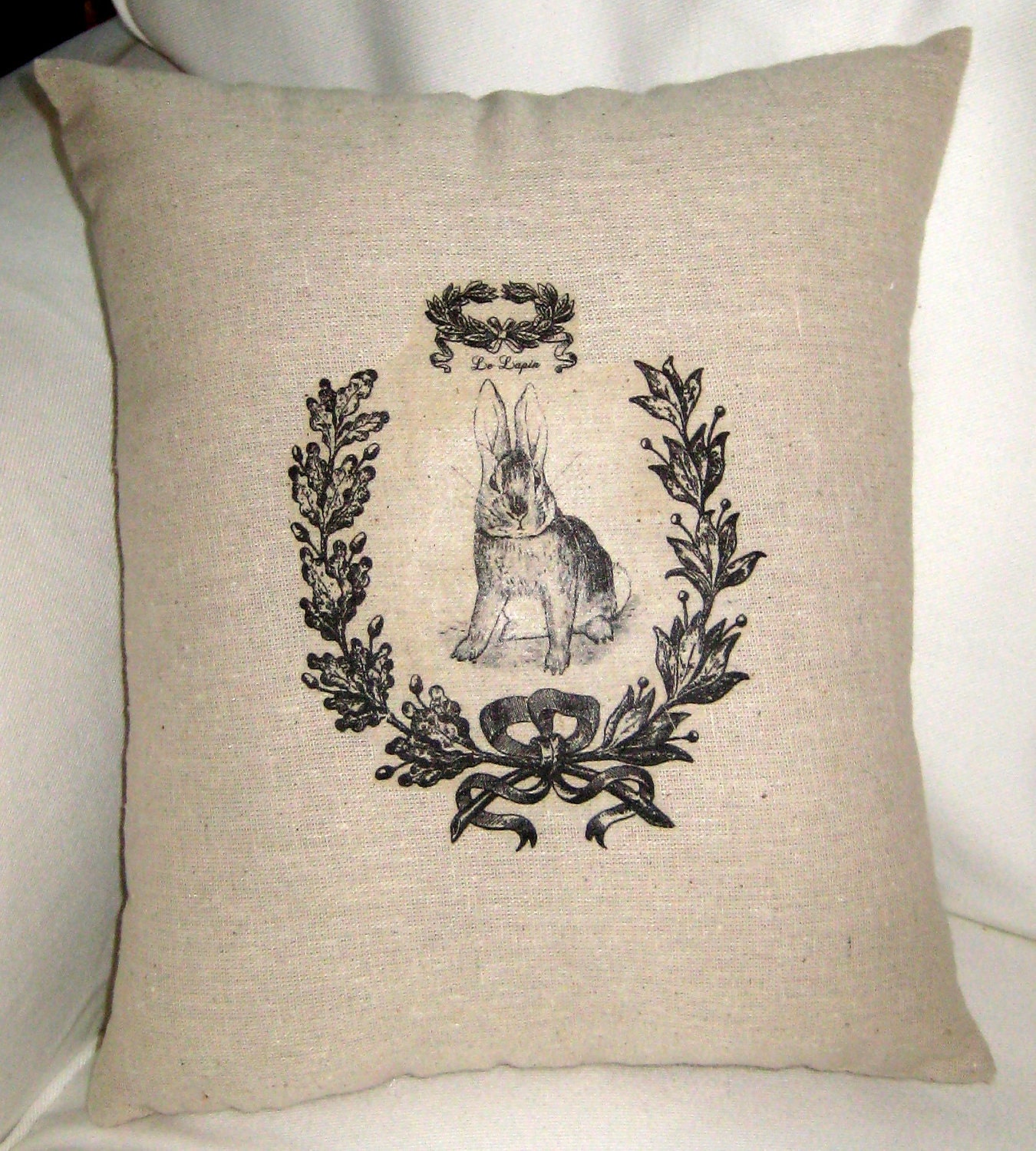 French Country Easter Pillow, Rabbit Cushion with French Words, Paris, Spring, Shabby Chic Neutral Home Decor