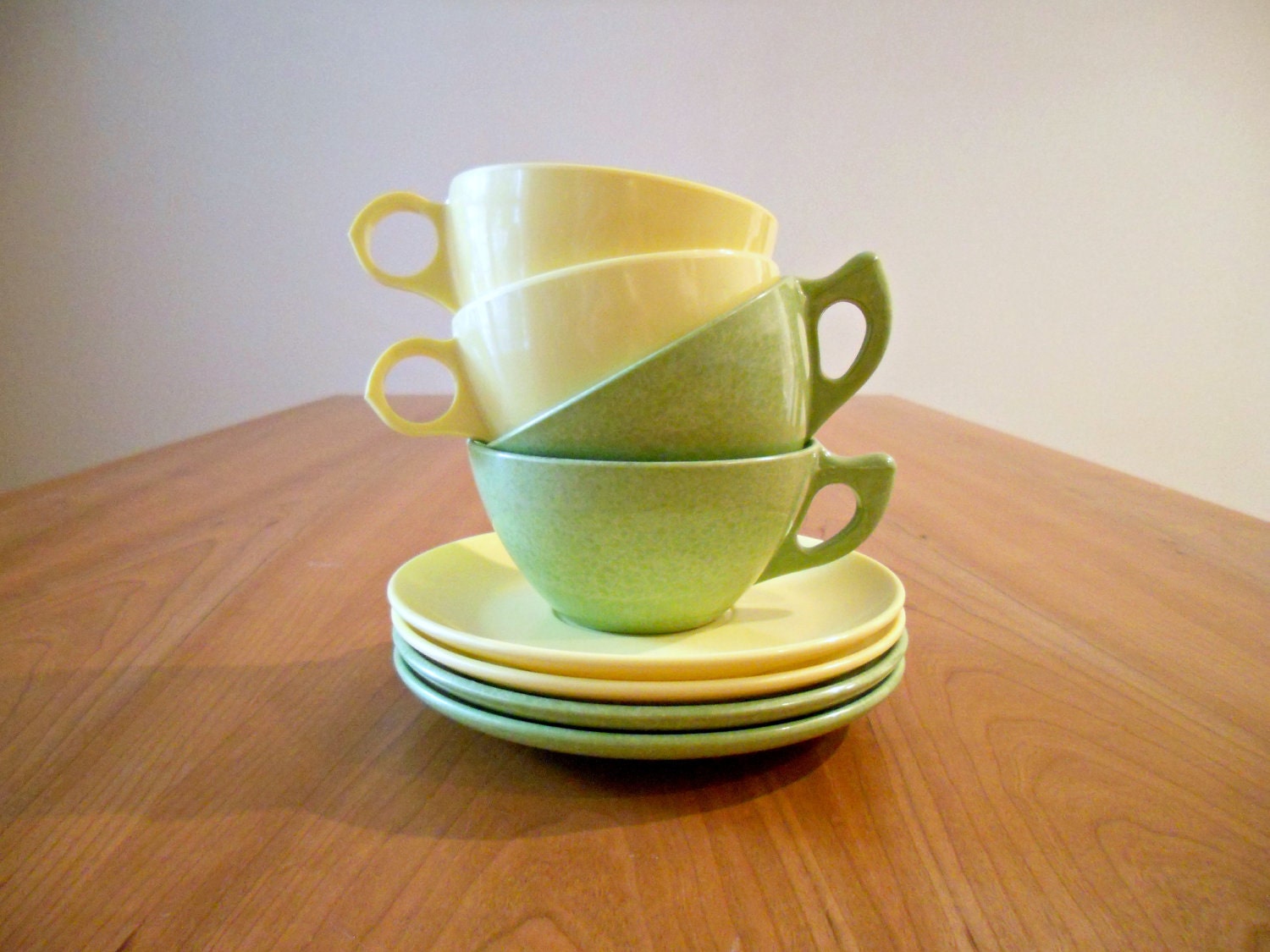 Vintage Melamine Cups and Saucers in Lime, Yellow - Instant Collection