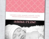 Anna Modern PRINTABLE photo birth announcement, baby girl. Tonal pink quatrefoil pattern. Custom colors included.Classic, Simple.