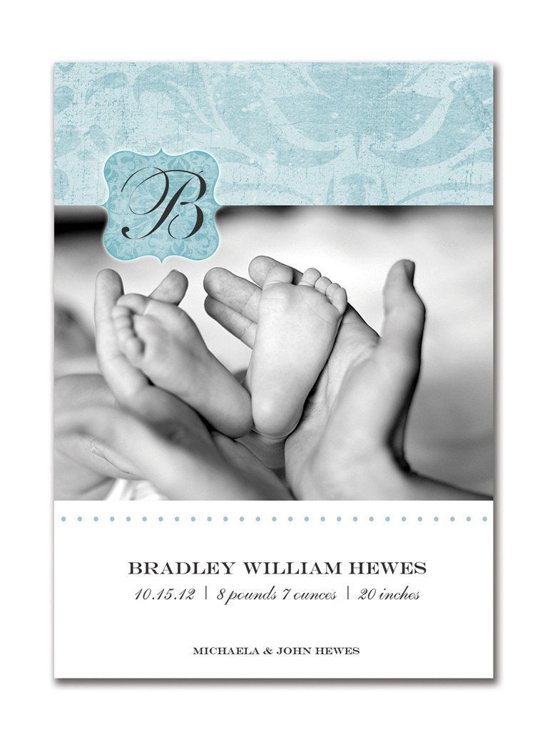 Bradley Modern Baby Boy Custom Photo Birth Announcement. Aqua Blue Damask, Monogram. Printable or I Print. Classic.