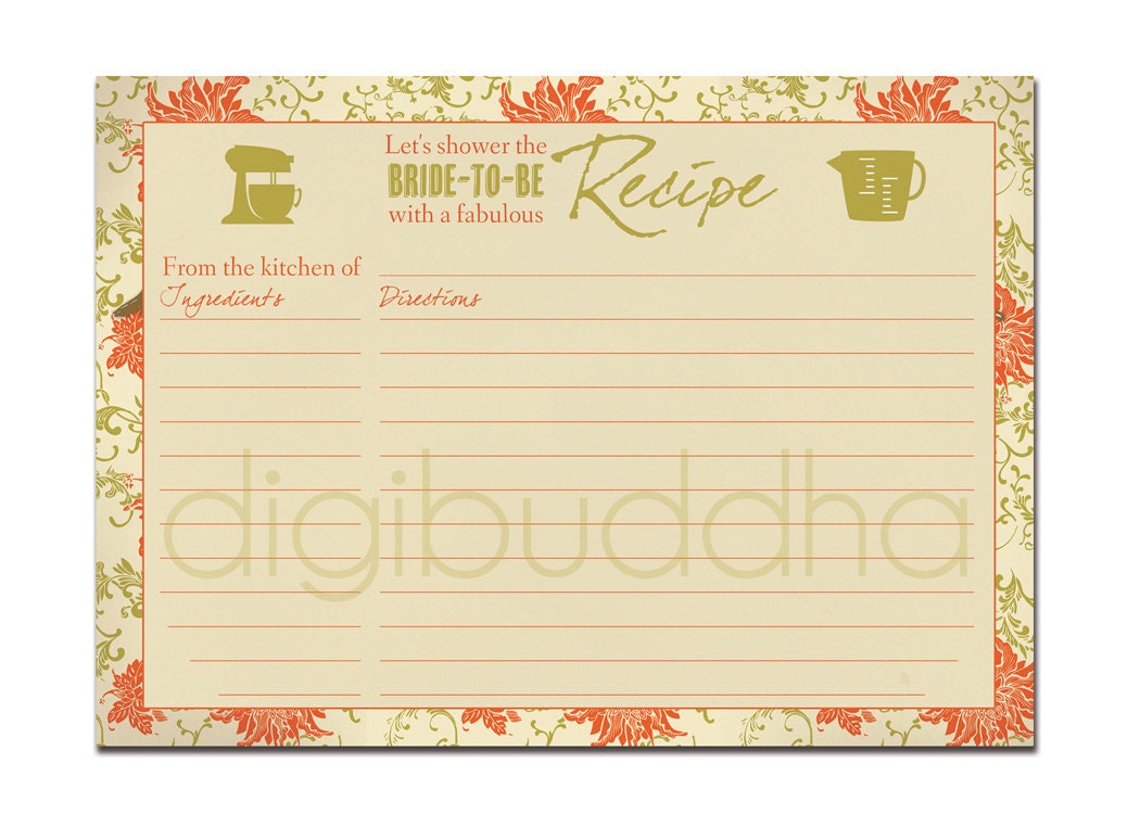 Recipe Card Bridal Shower Rustic Floral Orange & Sage 5x7 4x6 3x5 DIY Printable or Printed Fill-In Retro Vintage Flowers - Laurel Style