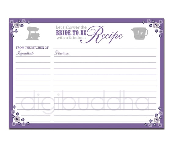Recipe Card Bridal Shower Purple Floral 5x7 4x6 3x5 DIY Printable or Printed Fill-In Recipe Card Retro Flowers - Priscilla Style