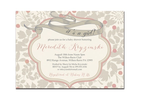 Its A Girl Baby Shower Invitation Vintage Gray & Pink Baby Girl Modern Floral Invite DIY Printable or Printed - Meredith Style