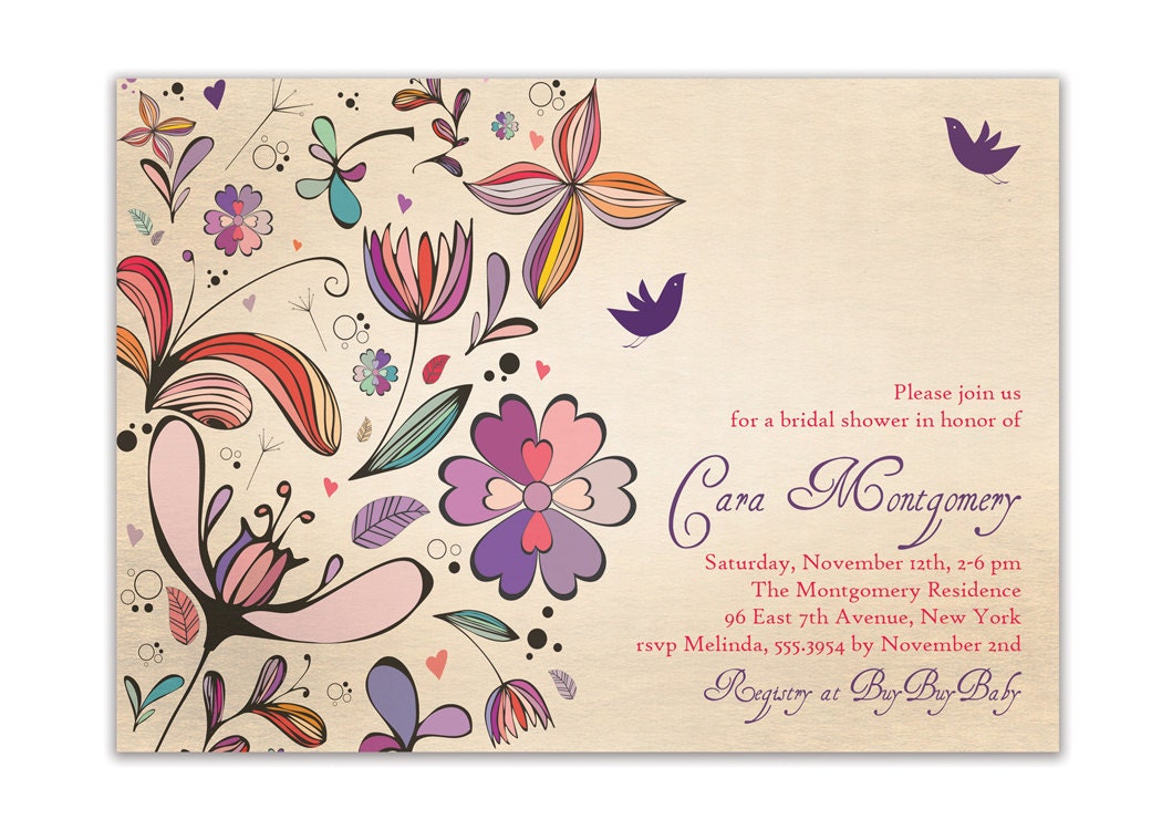 Rustic Bridal Shower Invitation Shabby Chic Floral Baby Shower Wedding Invitation Purple Colorful DIY Digital or Printed - Cara Style
