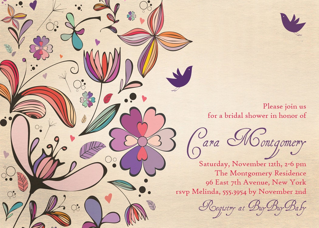 Rustic Bridal Shower Invitation Shabby Chic Floral Baby Shower Wedding Invitation Purple Colorful DIY Digital or Printed - Cara Style