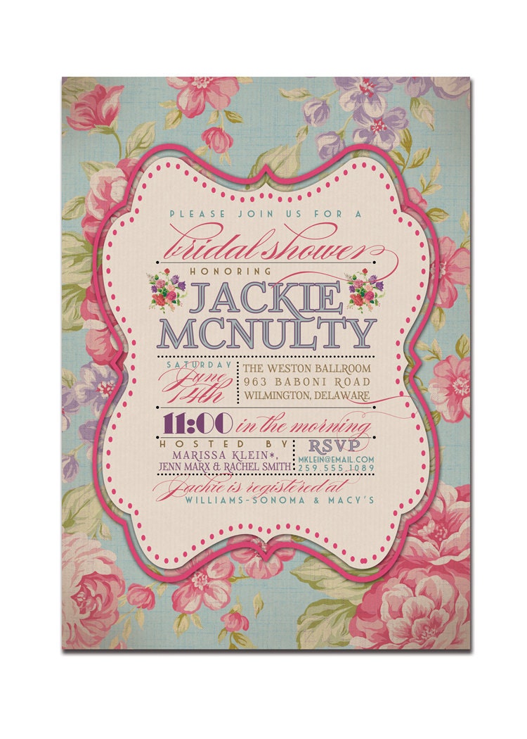 Bridal Shower Invitation Vintage Rustic Bridal Wedding Invitation Vintage Rose Typography Poster Printable Digital or Printed - Jackie Style