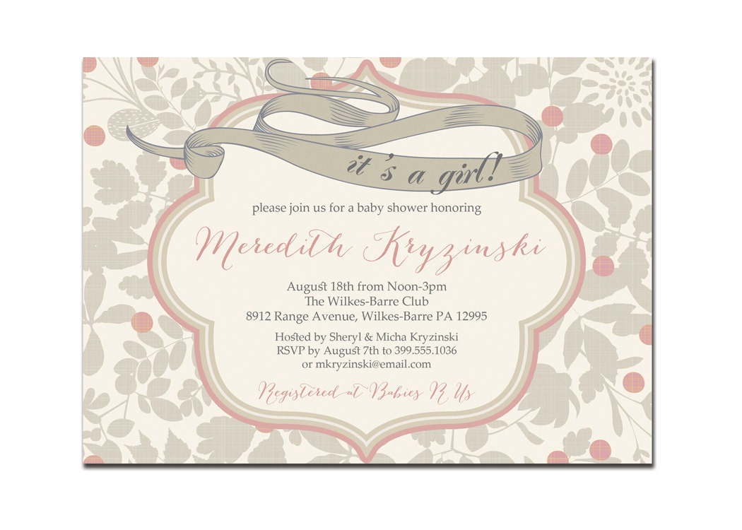 Its A Girl Baby Shower Invitation Vintage Gray & Pink Baby Girl Modern Floral Invite DIY Printable or Printed - Meredith Style