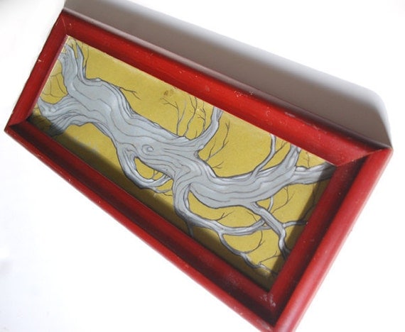 grey tree in red frame, narrow original art