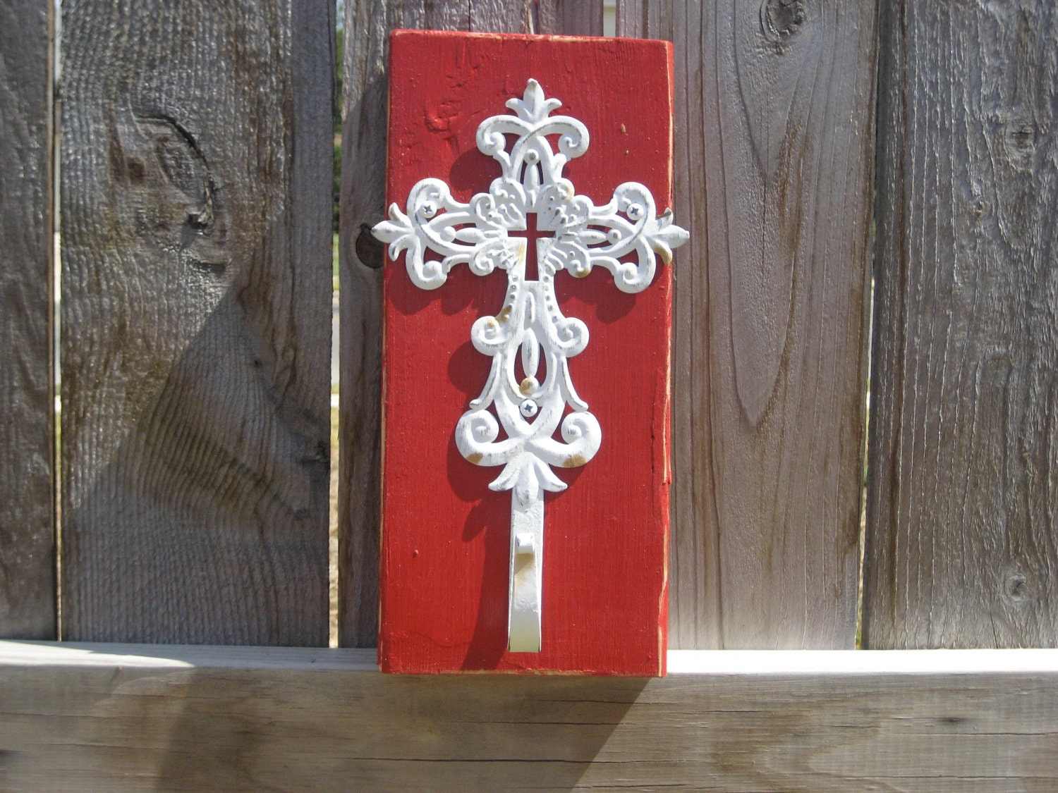 Sale - Wood Wall Hanger - Distressed Red with White Distressed Cross Hanger