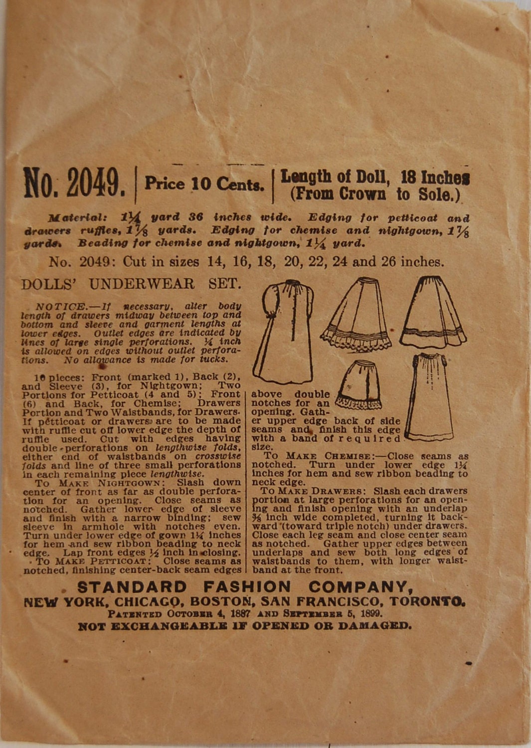 Antique Vintage 1890s-1905 Standard Fashion Co. Doll Underwear Set Sewing Pattern 2049